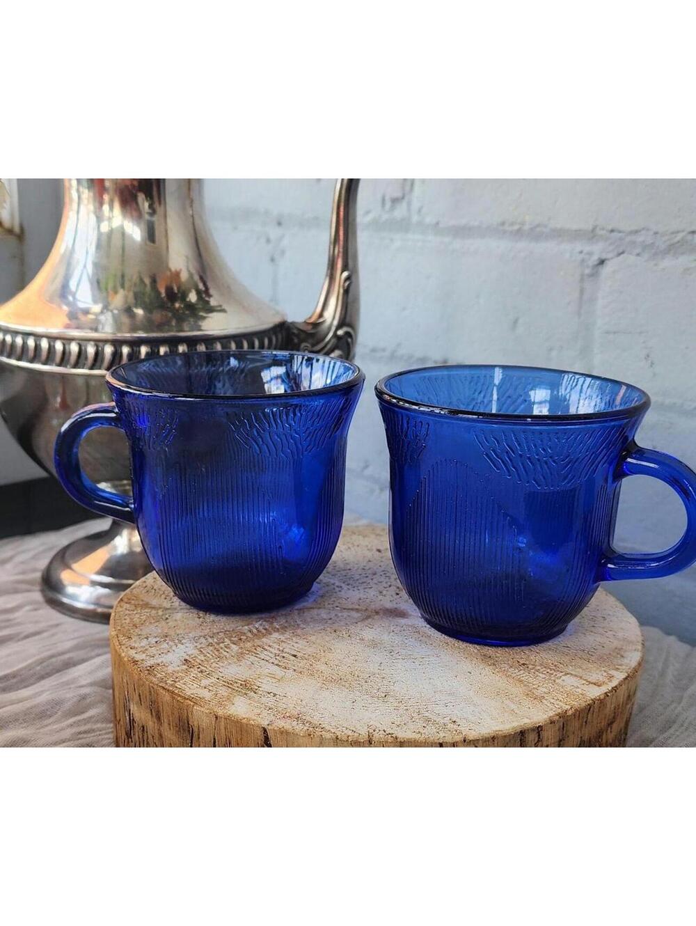 Vintage Cobalt Blue Glass Mug Set of 4 | Ribbed Textured Coffee Cups
